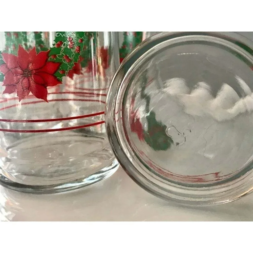4 Libbey glasses Christmas Wreath Poinsettia VTG clear drinking glasses Vintage